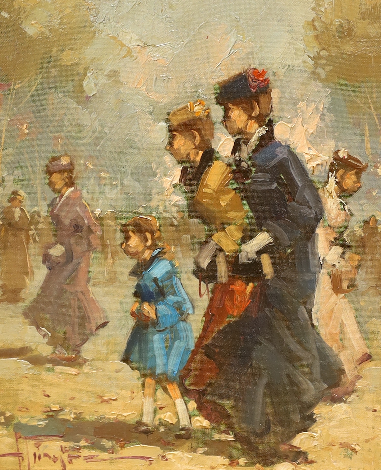 Tommaso Principe (1942-), oil on canvas, Women and girl in a crowd, signed, 29 x 23cm